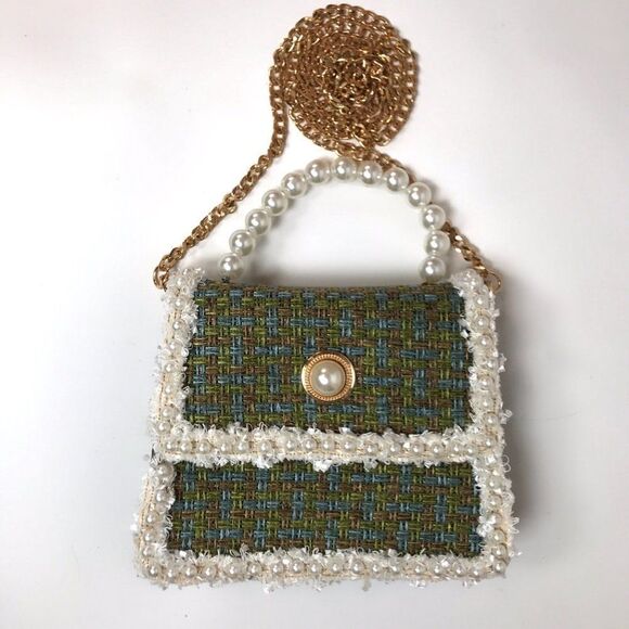 Vintage Y2K Green Preppy Pearl Tweed Small Girly Handbag Crossbody Purse - Picture 3 of 6